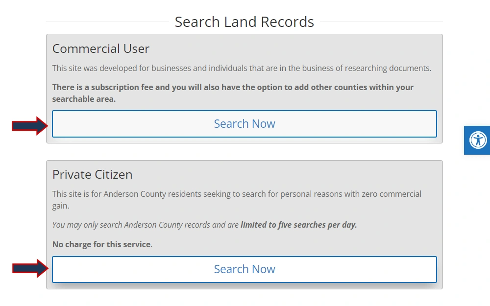 A screenshot from the Anderson County Clerk website shows the two options for searching online land documents: commercial user and private citizen, linked to eCCLIX.