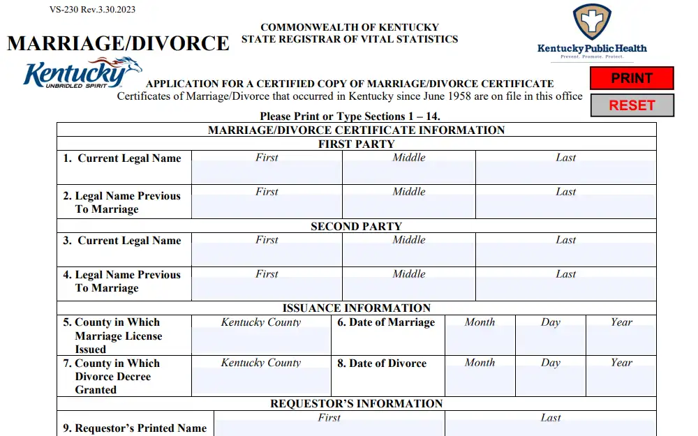 A screenshot of the Application for Certified Copy of Marriage/Divorce Certificate form from the Kentucky State Registrar of Vital Statistics requires marriage/divorce document information (first and second party), issuance information, and requestor's information with a print option. 
