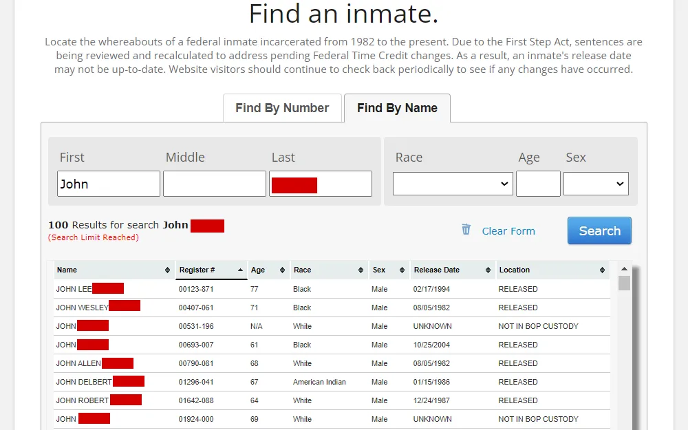 A screenshot of the Federal Bureau of Prisons search results displays a list of offenders with their full name, register no., age, race, sex, release date and location.