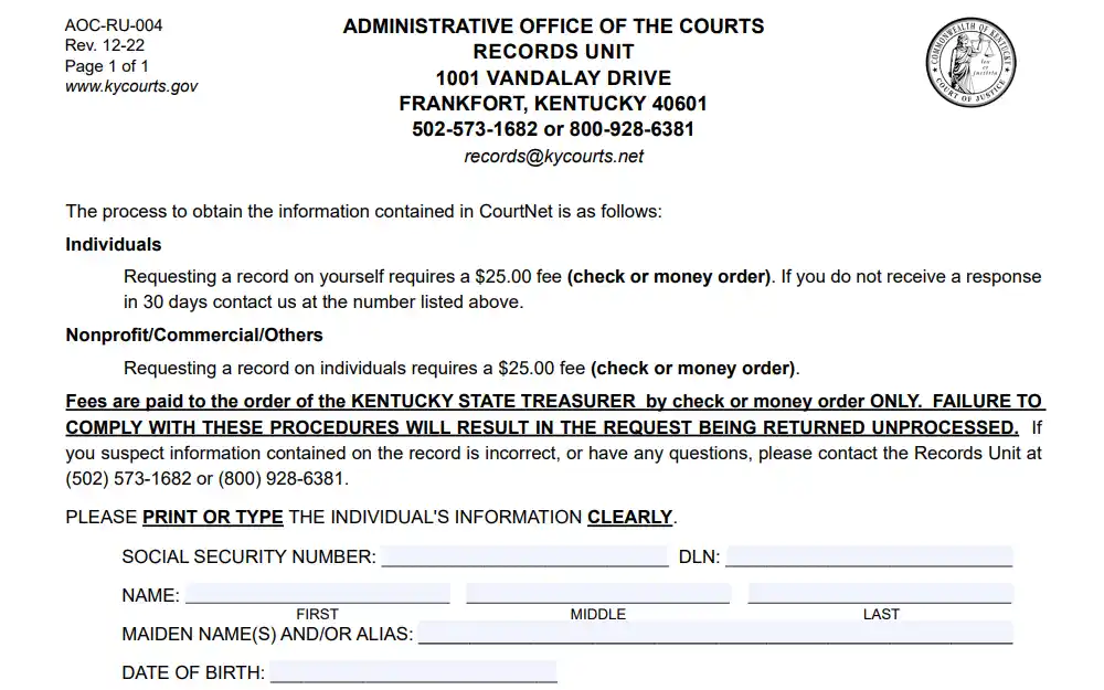 A screenshot of the Kentucky Administrative Office of the Court background check request form displays the required personal information, including social security number, driver's license number, full name, maiden name(s) or alias, and date of birth.