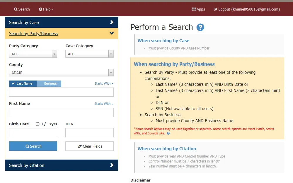A screenshot of the Case Search page provided by the Kentucky Court of Justice displays three search options: Search by Case, Search by Party/Business and Search by Citation; searching by Party/Business Name requires selecting party category and case category, county and input the offender's name and birth date.